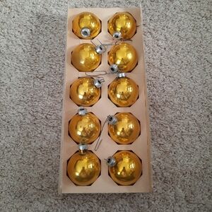 Vintage Mr. Christmas Metallic Gold 10 Piece Glass Ornaments Set Medium Bulbs